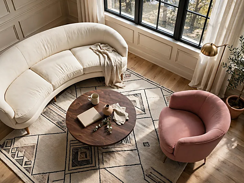 Art Deco curved furniture, streamlined sideboard, and rounded dining table in an apartment