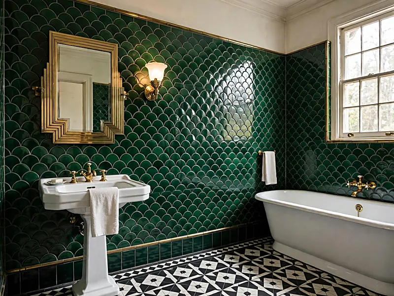 Art Deco bathroom with emerald green geometric wallpaper, brass mirror, and black and white floor tiles.