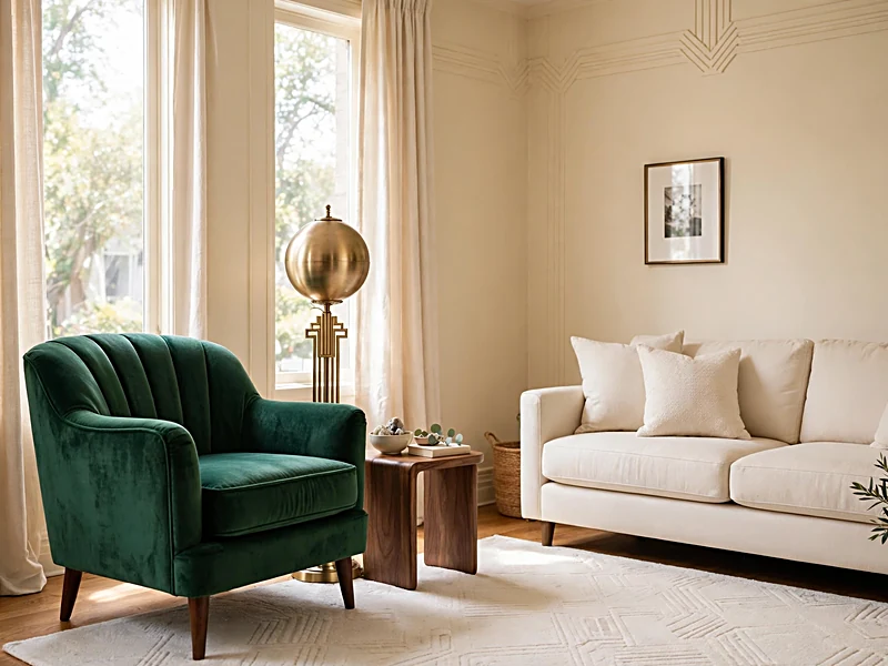 Emerald green, cream, and brass color palette in an Art Deco apartment living room