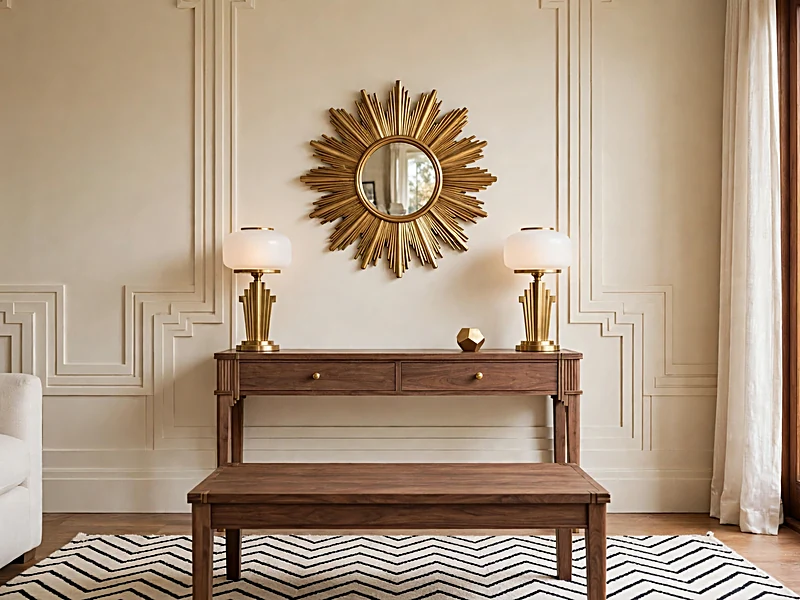Art Deco apartment with geometric rug, sunburst mirror, fan pattern, and symmetrical furniture
