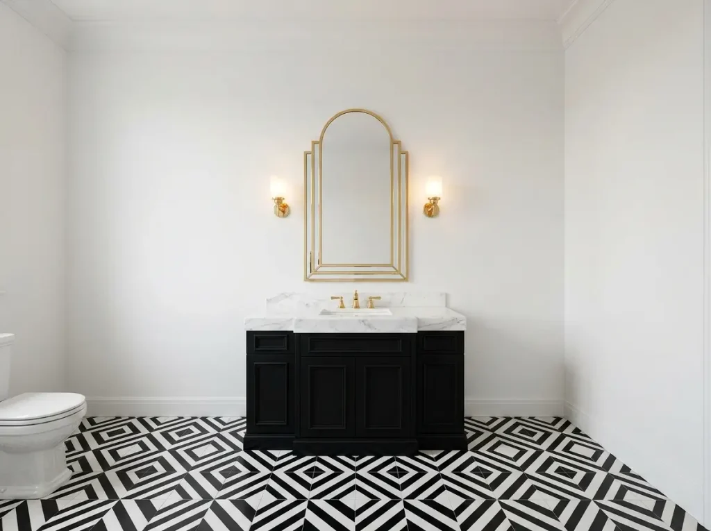 Art Deco bathroom with black and white geometric floor tile, a black vanity, and a gold-framed arched mirror
