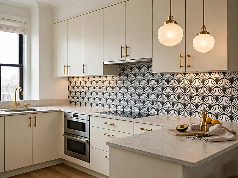 Art Deco kitchen with geometric backsplash tiles and walnut cabinets
