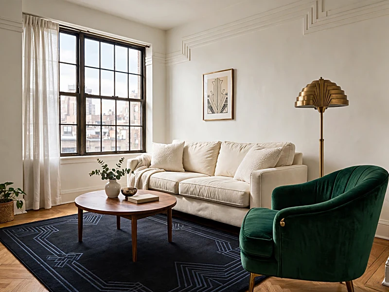 Art Deco living room with emerald velvet sofa, brass lighting, and geometric rug