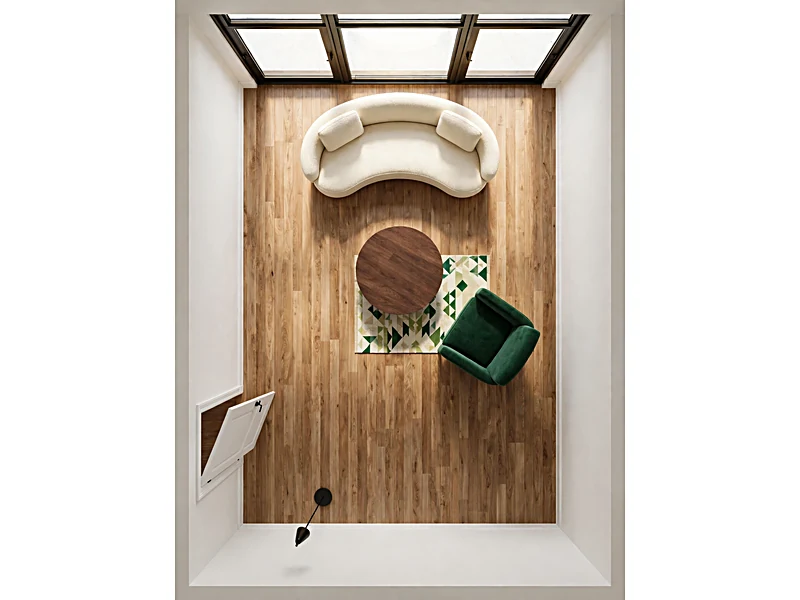 Overhead Art Deco living room layout with curved loveseat, round coffee table, and emerald accent chair