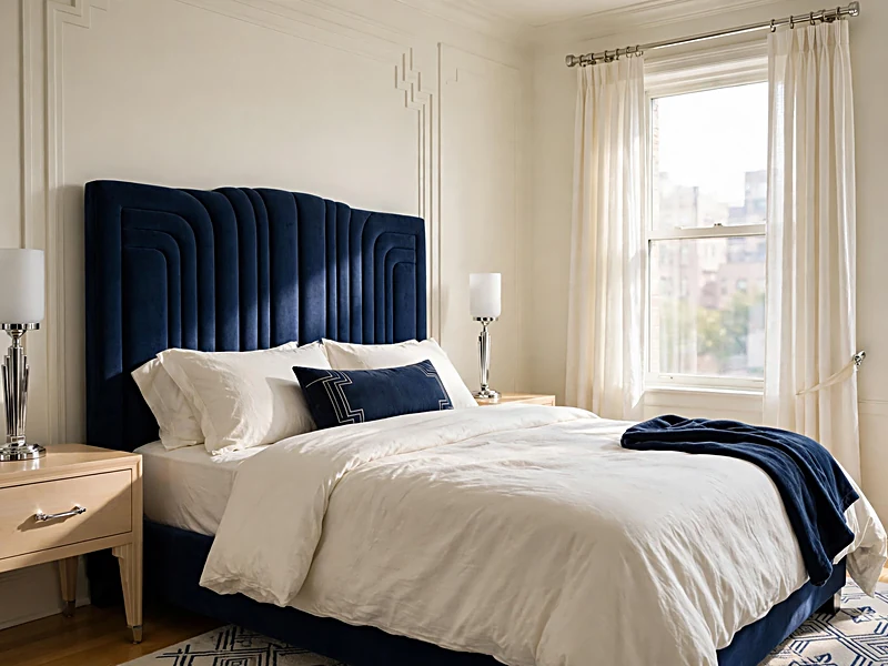 Navy, ivory, and chrome color palette in an Art Deco apartment bedroom