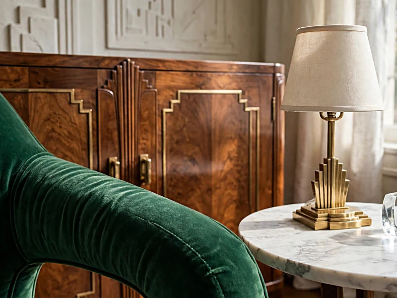 Art Deco apartment materials including velvet upholstery, marble tabletop, and polished walnut