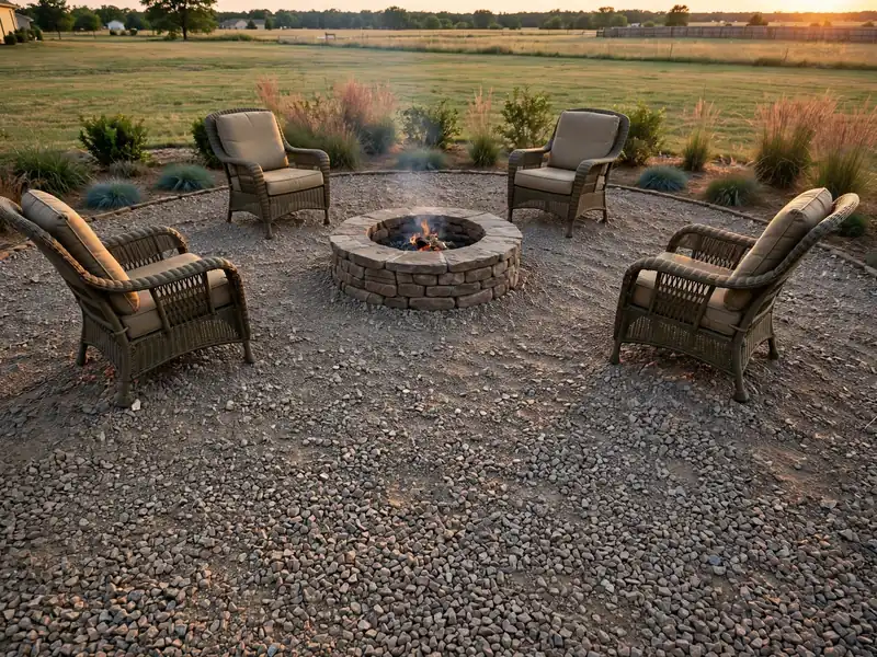 Backyard fire pit area with compacted gravel, four outdoor chairs, and landscaped planting borders.