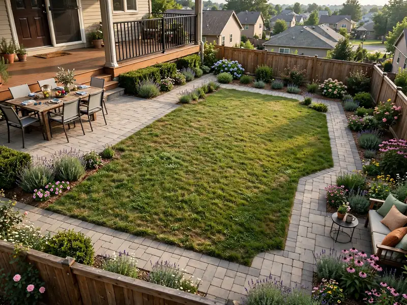 Large backyard divided into an outdoor dining patio, open lawn, planting beds, and connected garden paths.