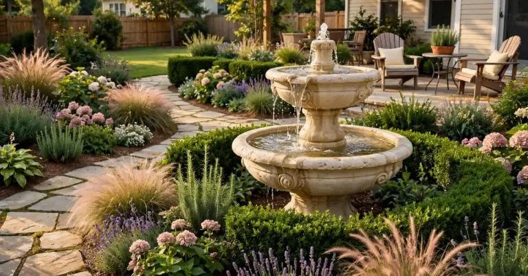 Traditional stone fountain in a landscaped backyard with flowers, a patio, and garden seating.