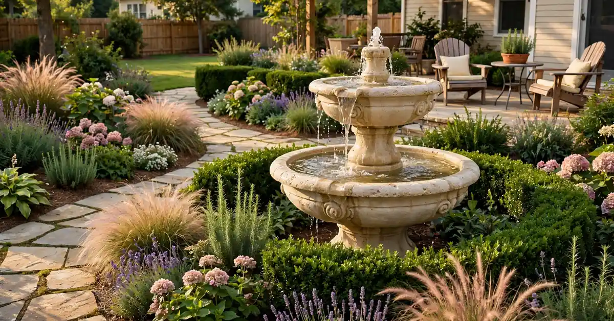 Traditional stone fountain in a landscaped backyard with flowers, a patio, and garden seating.