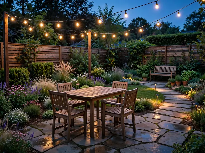 Cozy backyard patio at dusk with warm string lights, softly illuminated garden pathways, outdoor seating, and surrounding flower beds.