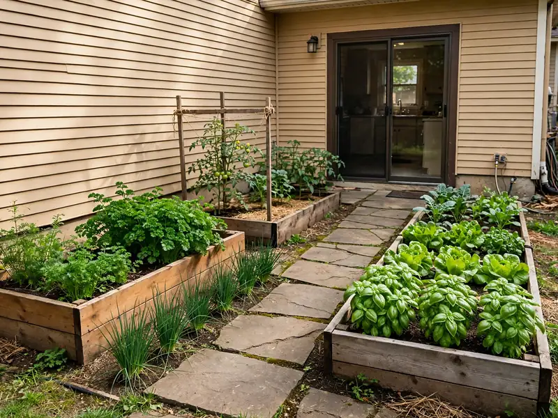 Small kitchen garden with herbs and leafy vegetables growing beside a house entrance.