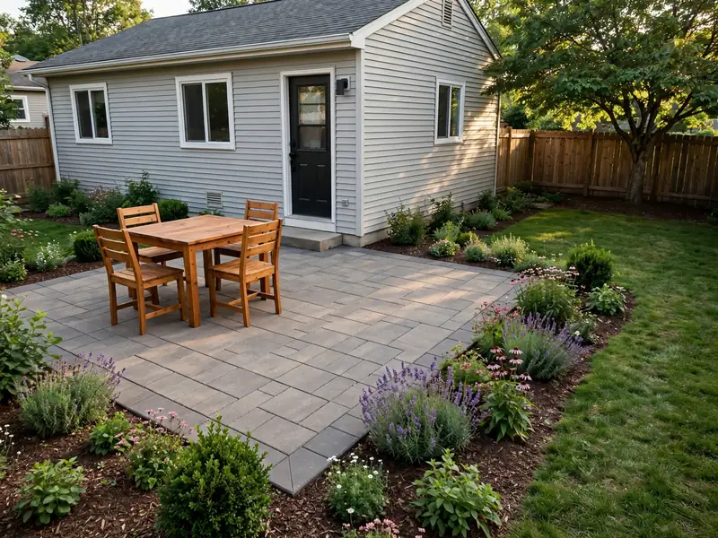Suburban backyard with a paver patio, outdoor dining furniture, surrounding garden beds, and an open lawn.