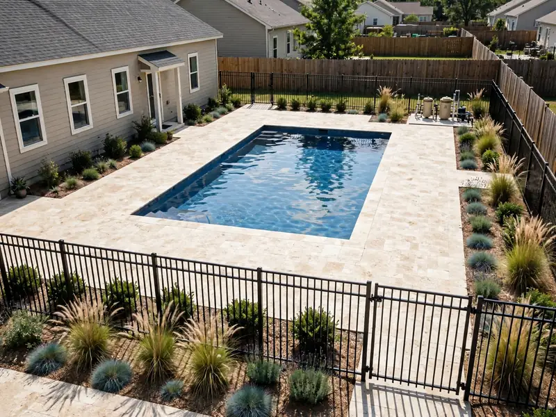 Residential swimming pool with textured stone paving, low shrubs, ornamental grasses, and landscaped garden borders.