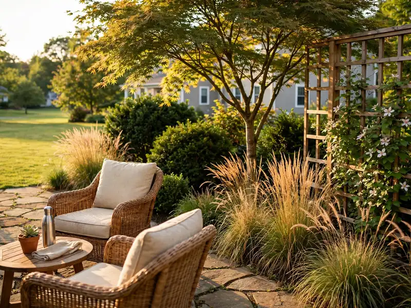 Backyard seating area screened by layered evergreen shrubs, ornamental grasses, a small tree, and a wooden climbing trellis.