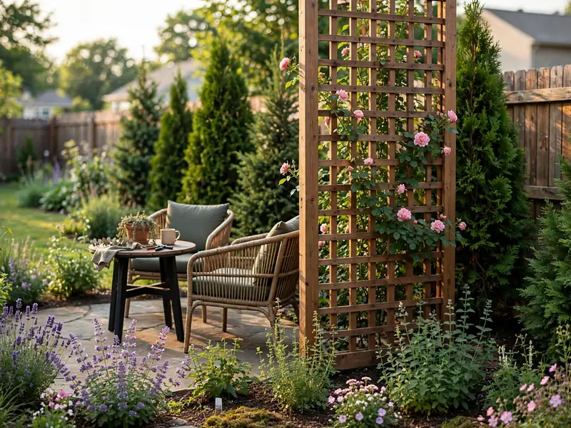 Private backyard seating area screened by layered green shrubs, perennial plants, and a vine-covered wooden trellis.