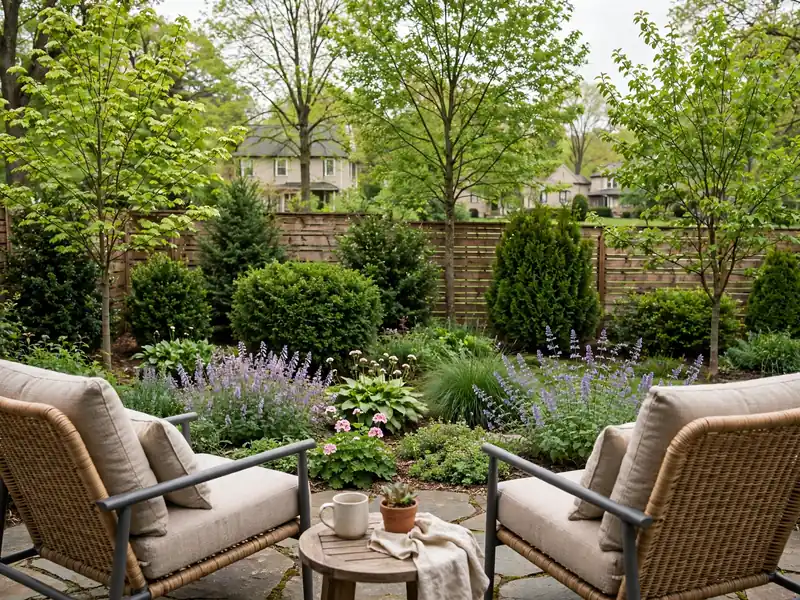 Backyard seating area screened by layered evergreen shrubs and deciduous trees along the property boundary.