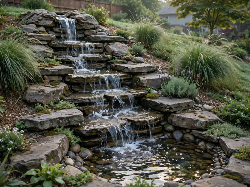 Small garden waterfall flowing over flat natural stones along a planted backyard slope.