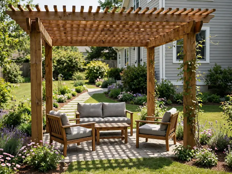 Wooden backyard pergola over a seating area with partial shade, climbing vines, and surrounding flower beds.