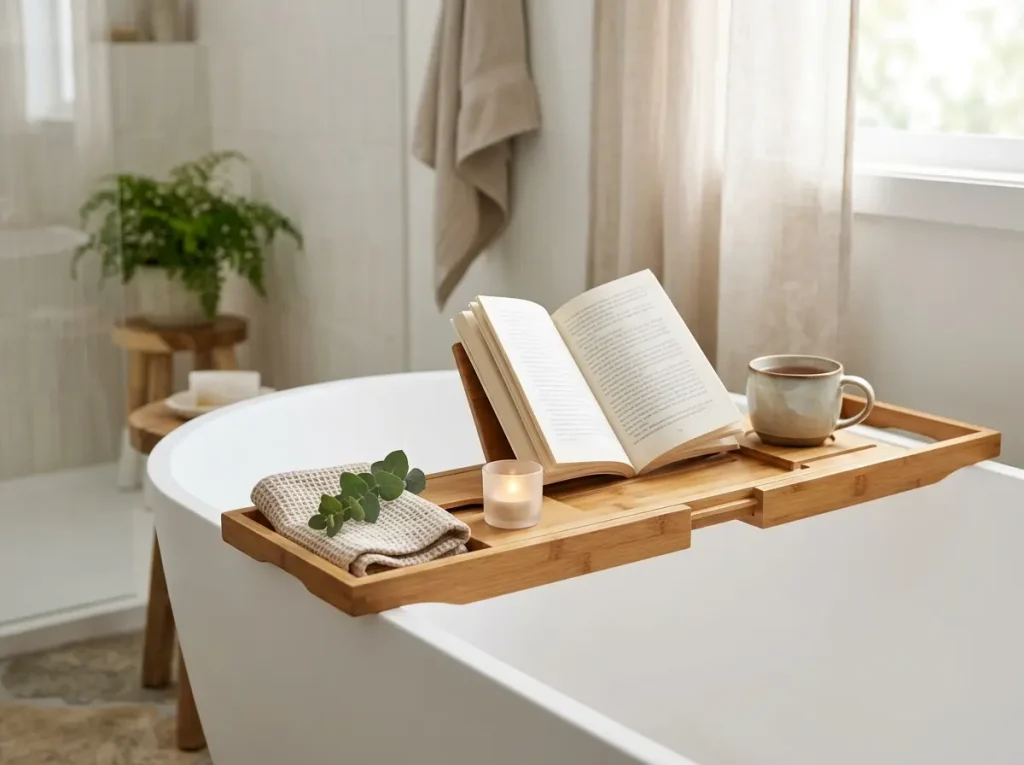Bamboo tray across a tub holding a book, tea and flameless candle
