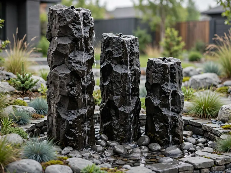 Three black basalt stone columns at different heights with water flowing down their sides.