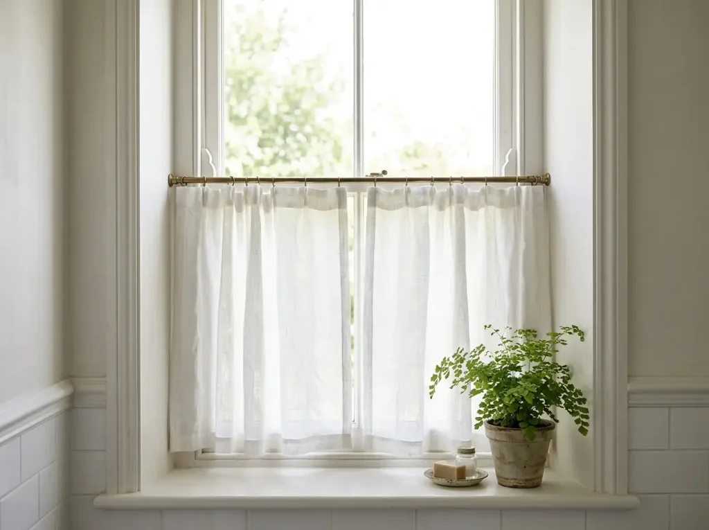 White café curtains covering the lower half of a bathroom window
