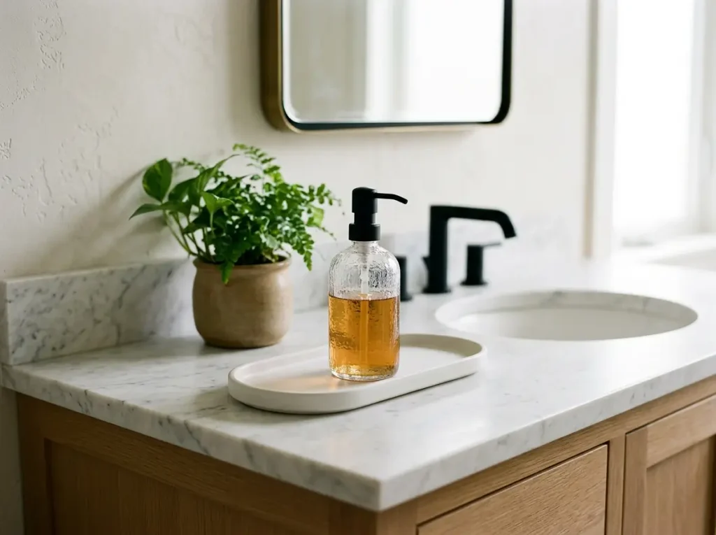 Ceramic tray with one soap dispenser on a tidy bathroom counter

