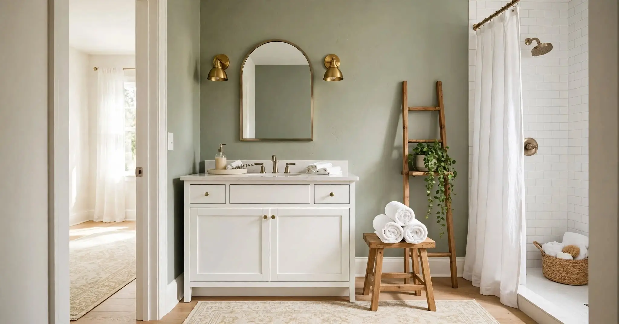 Bathroom decor ideas in one room: arched mirror, brass sconces, towels, stool and plant