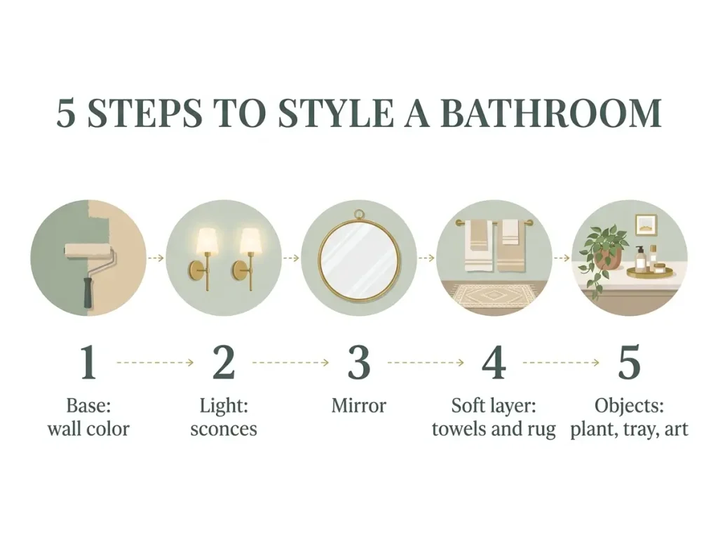 Five step order for layering bathroom decor from wall color to objects
