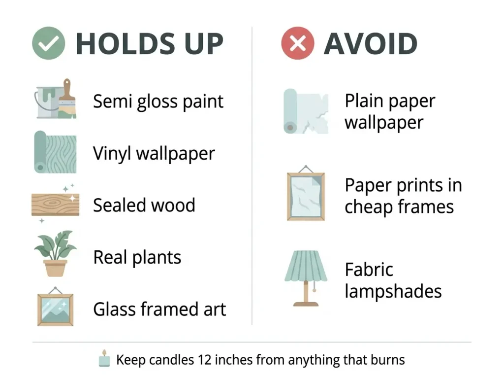 Chart of bathroom decor materials that hold up in steam and ones to avoid