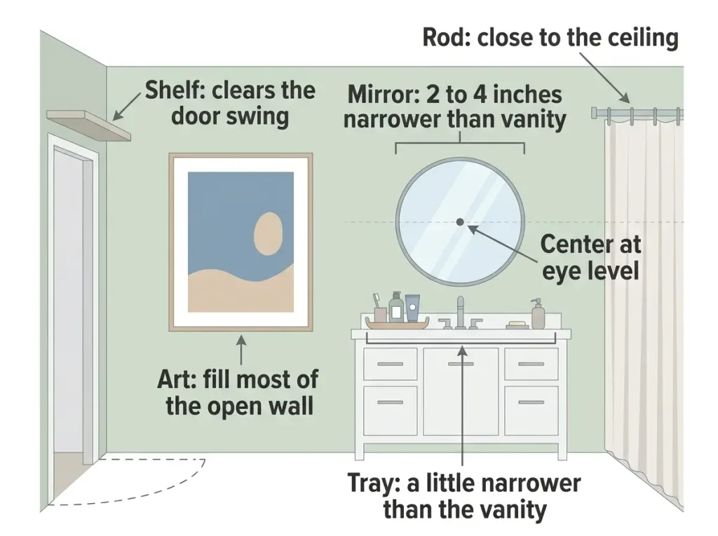 Diagram of bathroom decor sizing rules for mirror, art, tray, rod and shelf
