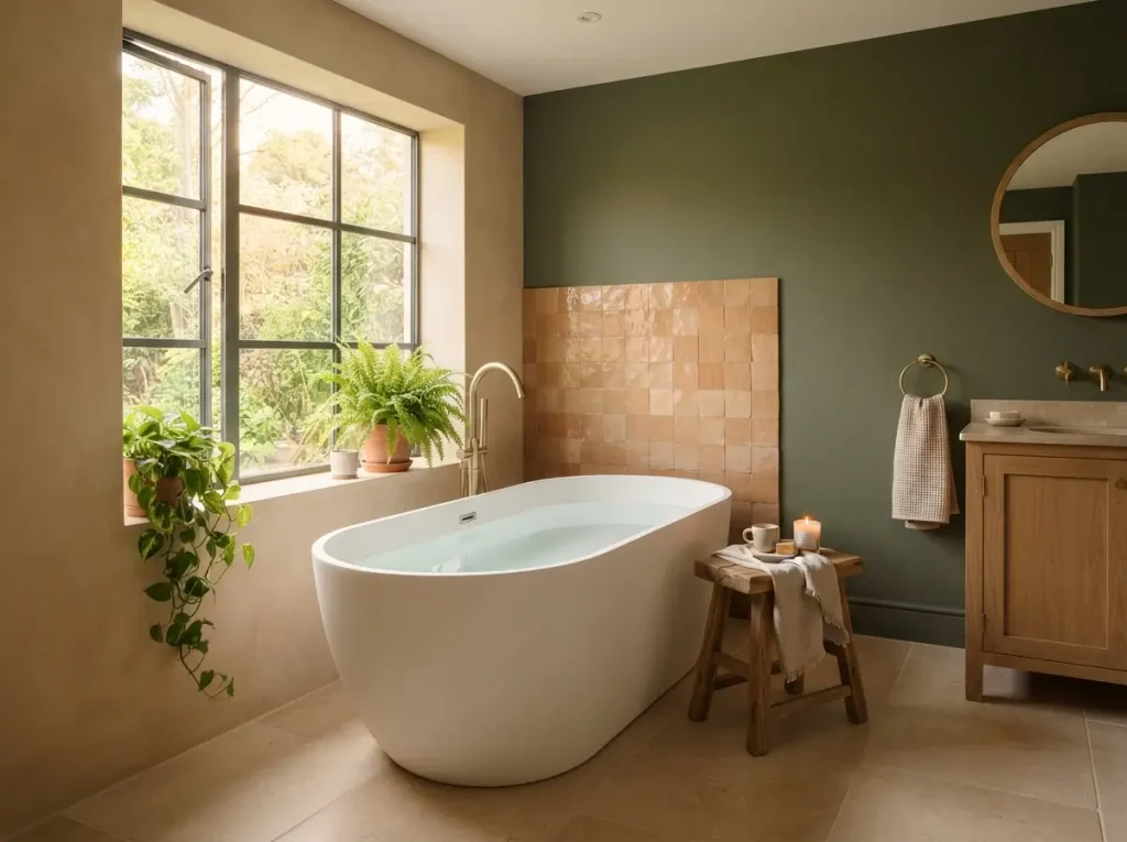 Warm earth tone bathroom with natural light, plants and heated stone floor
