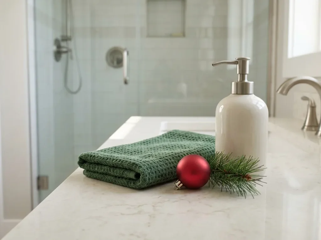 Ceramic ornaments, washable cotton towels, and artificial evergreen branches arranged on a dry bathroom countertop.
