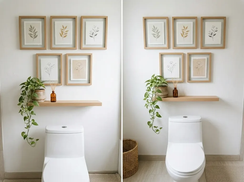 Five matching light wood frames in a grid above a toilet
