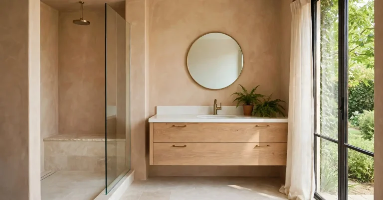 Bright modern bathroom with walk-in shower, floating oak vanity and warm earth tone walls