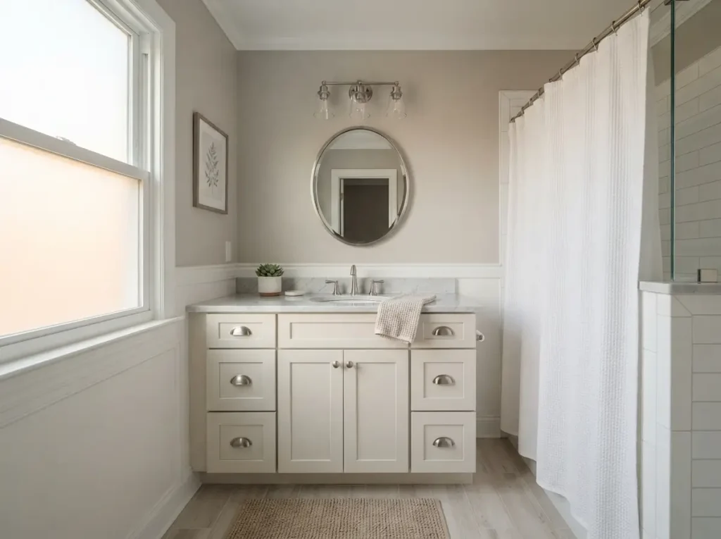 Bathroom refreshed with satin paint, new cabinet pulls and a fresh curtain
