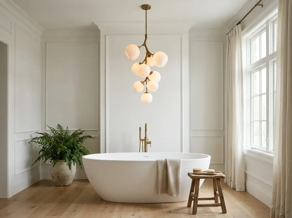 Opal glass and brass pendant light above a freestanding bathtub
