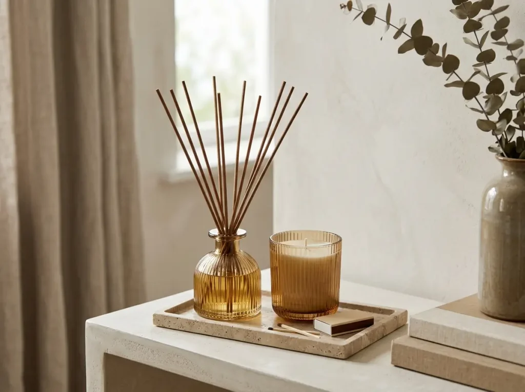 Reed diffuser beside a matching amber glass soap pump on a counter