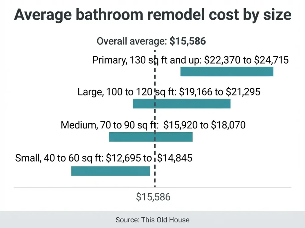 Bar chart of average bathroom remodel cost by size from small to primary

