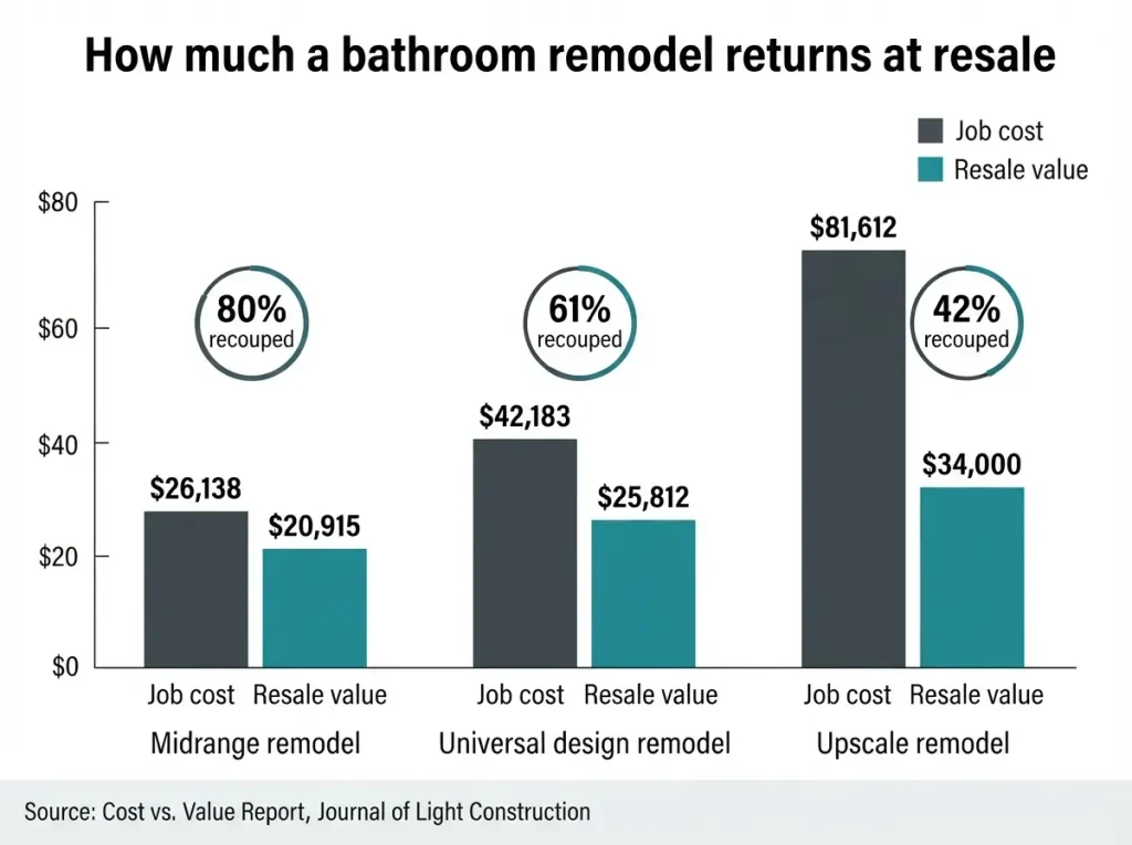 Chart comparing resale value recouped by midrange, universal design and upscale bathroom remodels
