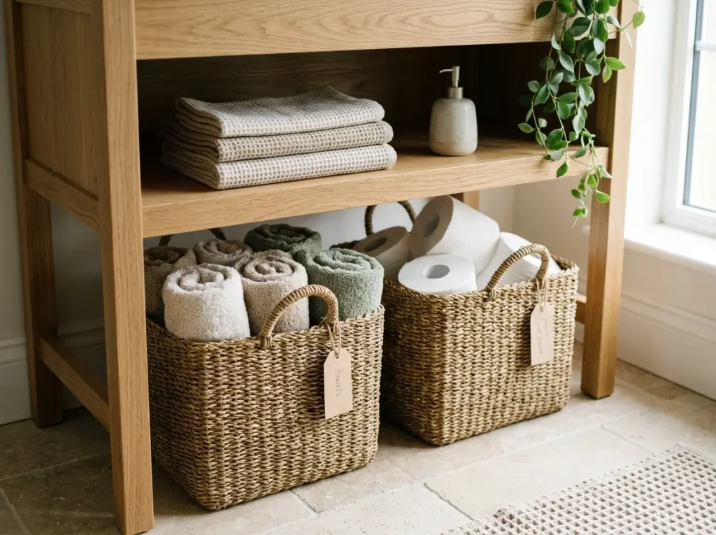 Two woven baskets holding rolled towels and spare toilet paper
