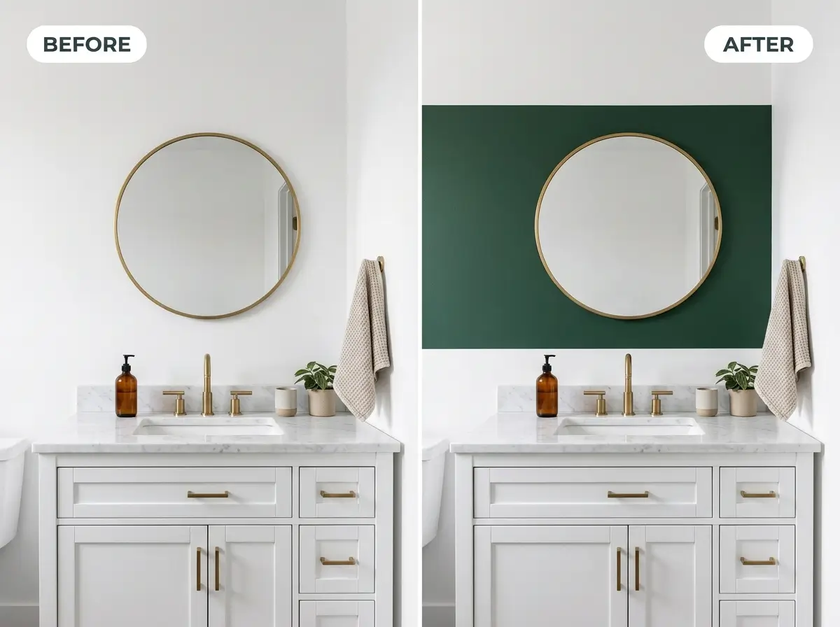 Vanity wall before and after a deep green paint color block

