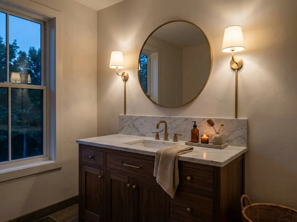Pair of warm plug in sconces lighting a round bathroom mirror
