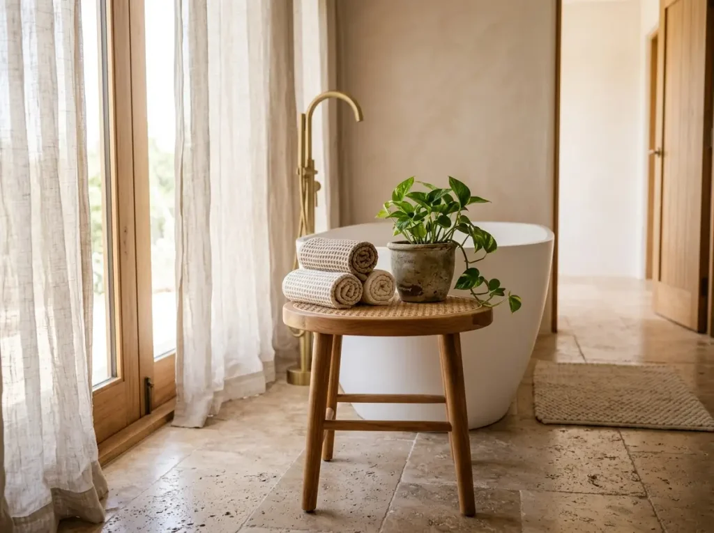 Wood and rattan stool holding towels beside a bathtub
