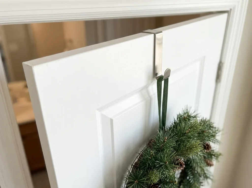 Lightweight evergreen wreath hanging from a discreet overdoor hook on a white bathroom door.
