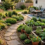 Colorful suburban backyard with flower beds, raised vegetable planters, a stone pathway, and a small patio garden.