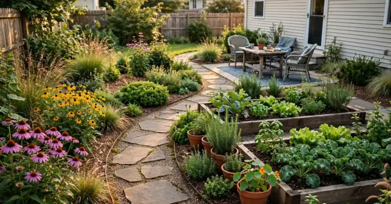 Colorful suburban backyard with flower beds, raised vegetable planters, a stone pathway, and a small patio garden.