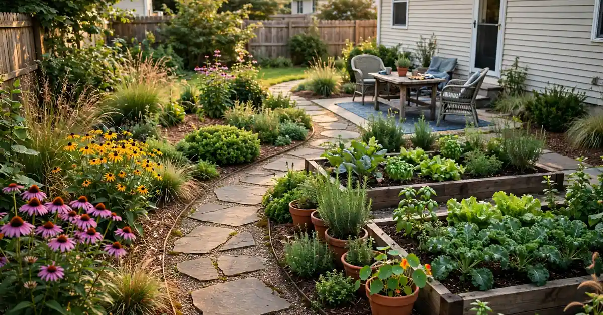 Colorful suburban backyard with flower beds, raised vegetable planters, a stone pathway, and a small patio garden.