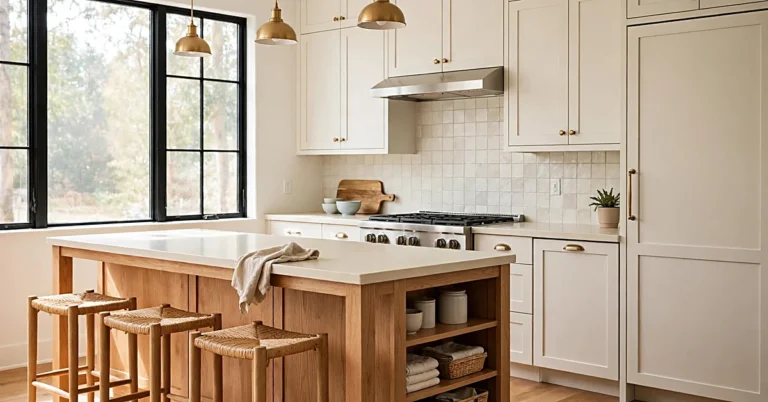 Bright residential kitchen with warm white cabinets, natural oak island, quartz countertops, and pendant lighting.