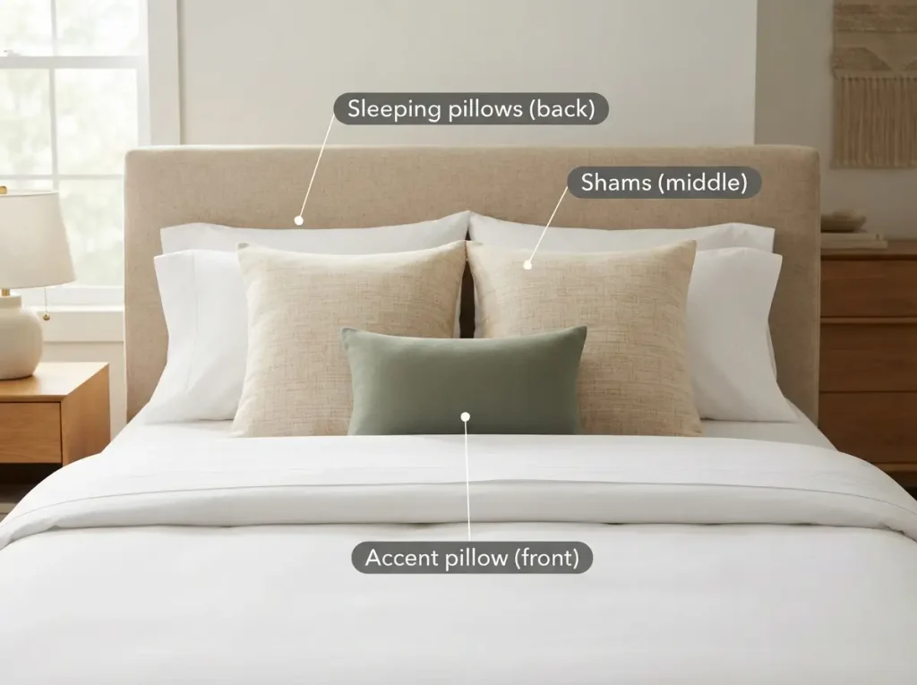 Bed with two sleeping pillows, two shams and one accent pillow layered against an upholstered headboard
